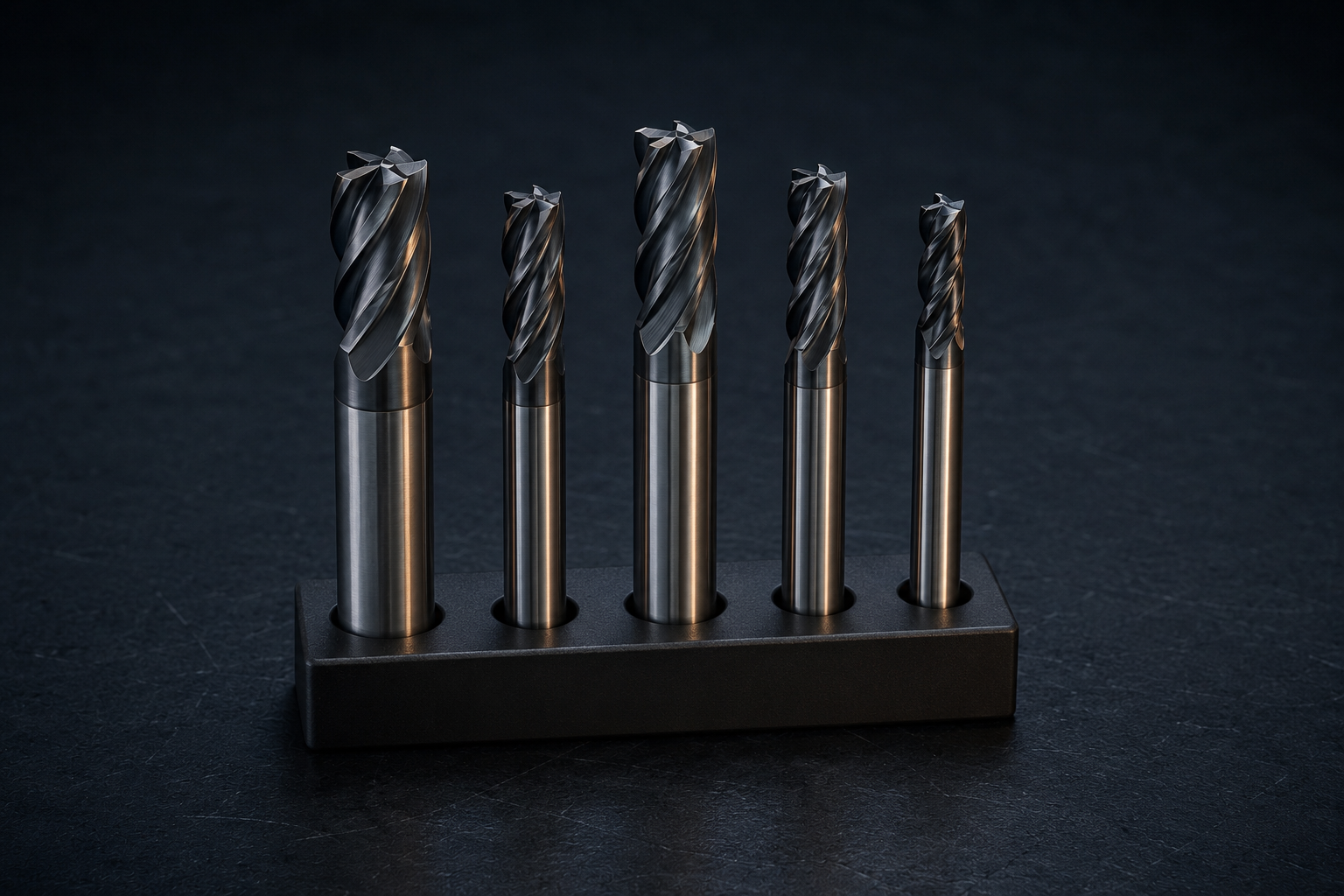Five precision carbide end mills in a professional tool holder