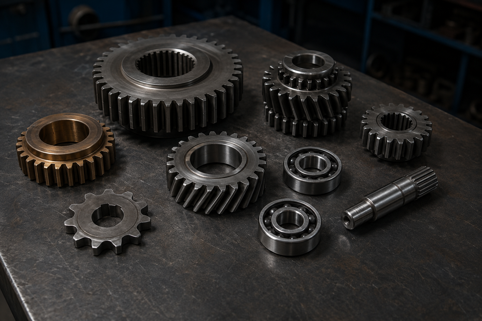 Industrial gears, bearings and machined spare parts on a workbench