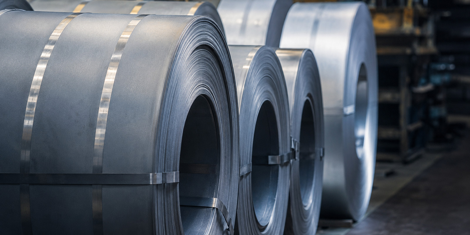 Close-up of industrial rolled steel coils